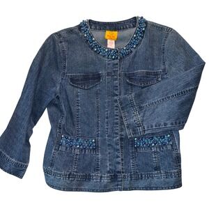 Ruby Rd Petite Embellished Denim Jacket Blue Sparkle Button Front Women's Sz 10